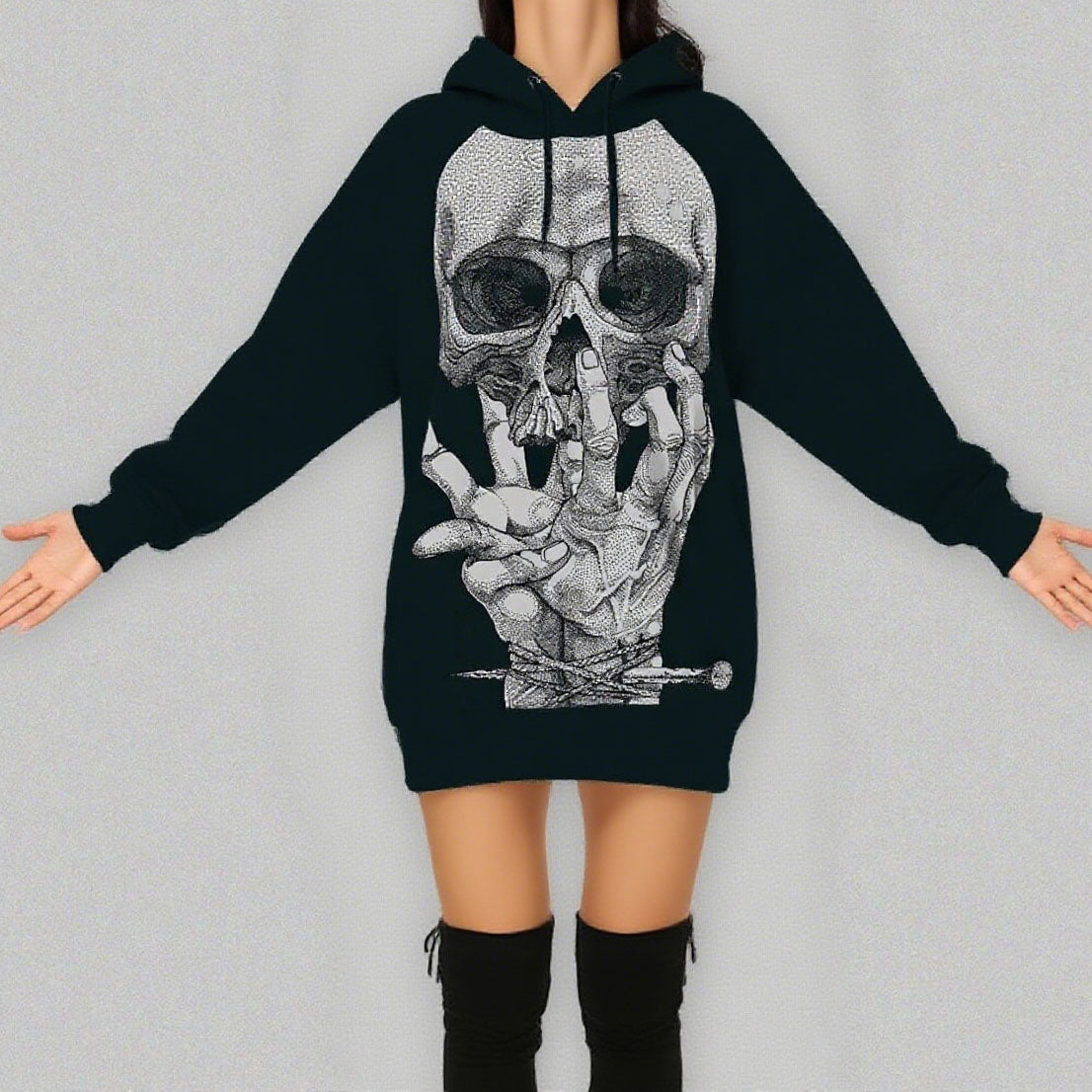 Women Skeleton Costume Halloween Scary Daily Cosplay Hoodied Dress