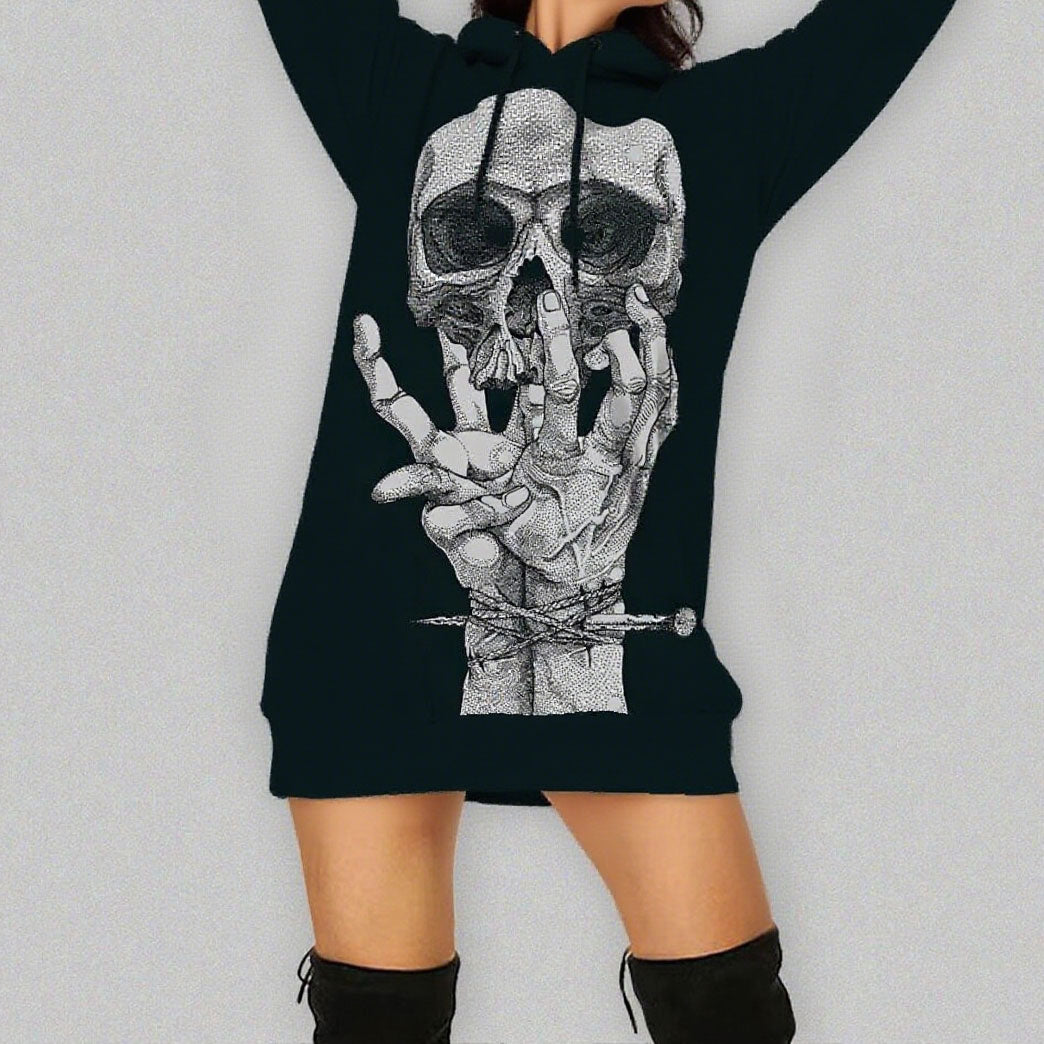 Women Skeleton Costume Halloween Scary Daily Cosplay Hoodied Dress
