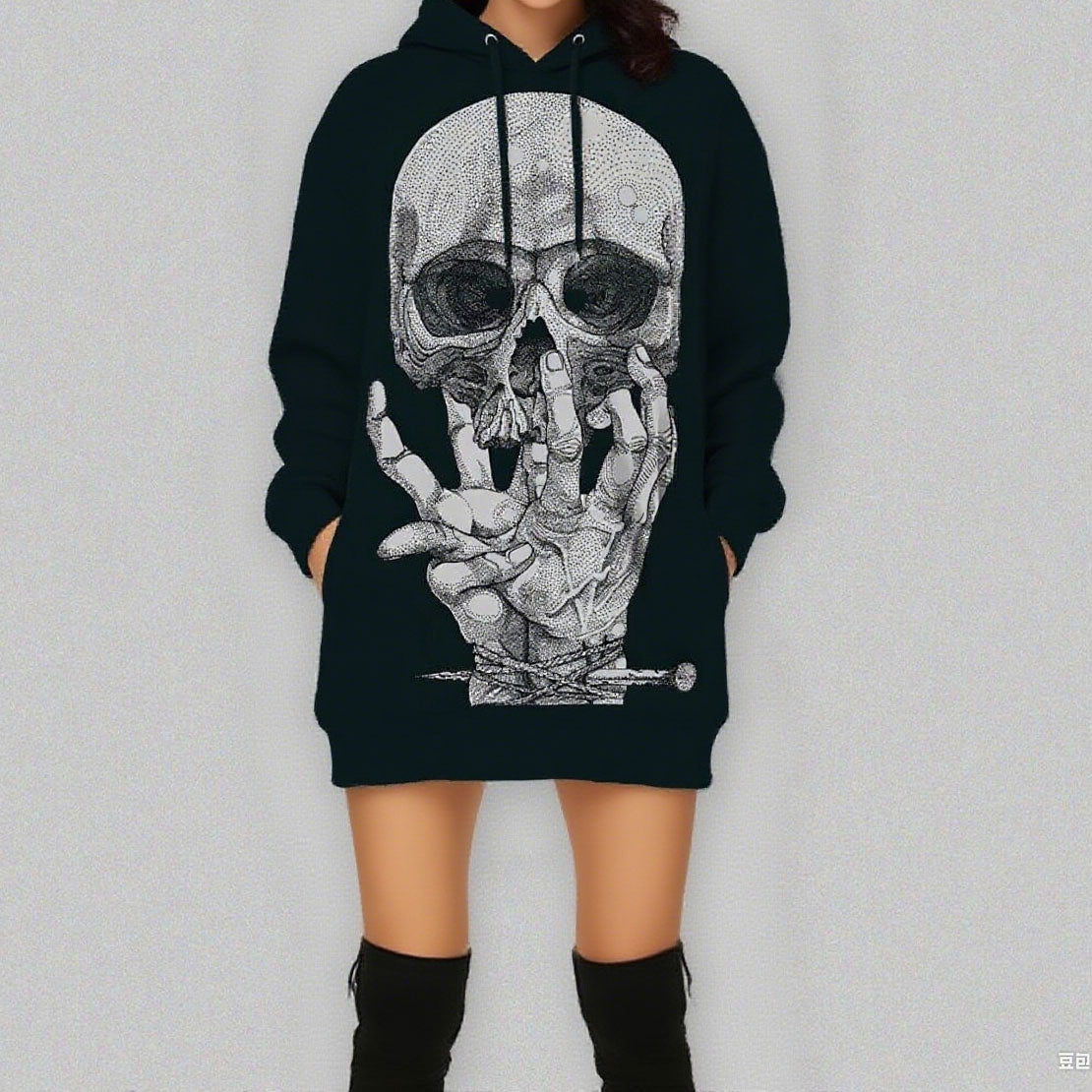 Women Skeleton Costume Halloween Scary Daily Cosplay Hoodied Dress