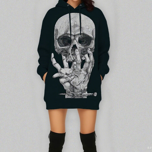 Women Skeleton Costume Halloween Scary Daily Cosplay Hoodied Dress