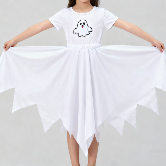 Kids Ghost Dress White Ghost Printing Dress Halloween Ghost Cosplay Costume
