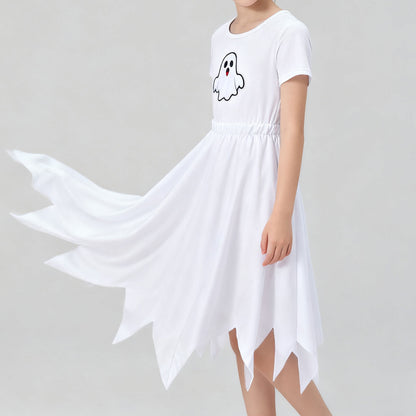 Kids Ghost Dress White Ghost Printing Dress Halloween Ghost Cosplay Costume