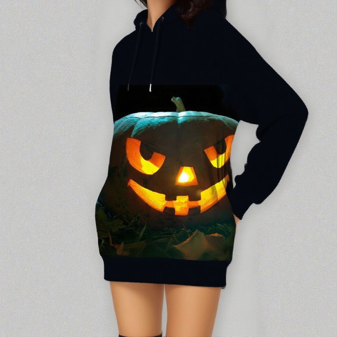 Women Pumpkin Costume Halloween Scary Dress Up Outfit Daily Cosplay Hoodied Dress