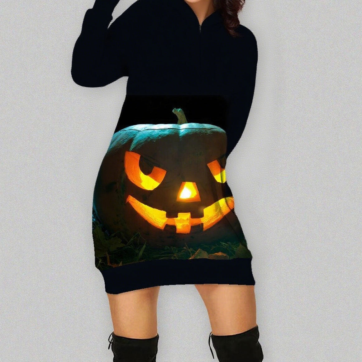 Women Pumpkin Costume Halloween Scary Dress Up Outfit Daily Cosplay Hoodied Dress