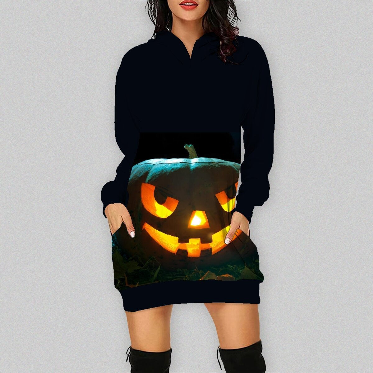 Women Pumpkin Costume Halloween Scary Dress Up Outfit Daily Cosplay Hoodied Dress