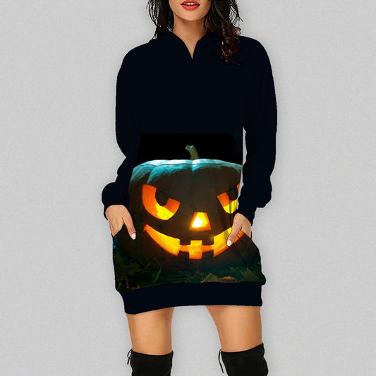 Women Pumpkin Costume Halloween Scary Dress Up Outfit Daily Cosplay Hoodied Dress