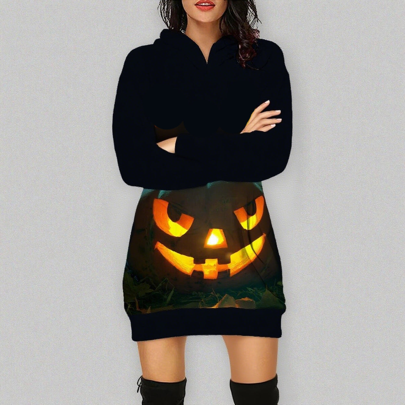 Women Pumpkin Costume Halloween Scary Dress Up Outfit Daily Cosplay Hoodied Dress